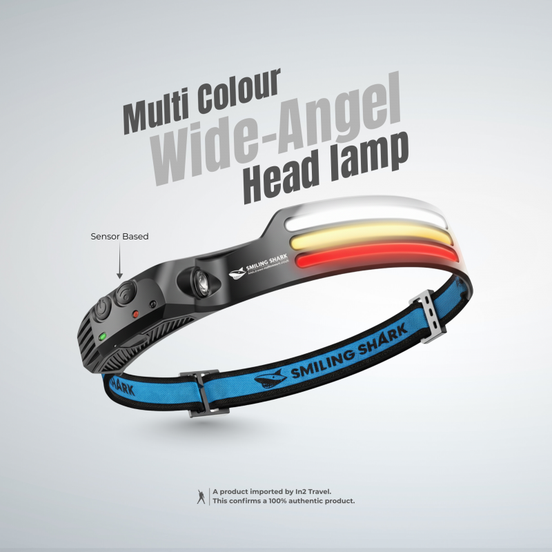Smiling Shark LED Headlamp, 230°Wide Angle 3*Multi-Color Light Strips The Brightest Head Lamp Rechargeable with Motion Sensor Waterproof Headlight for Camping Hiking Outdoor, Head-Lamp-LED-Hat-Light - In2 Travel